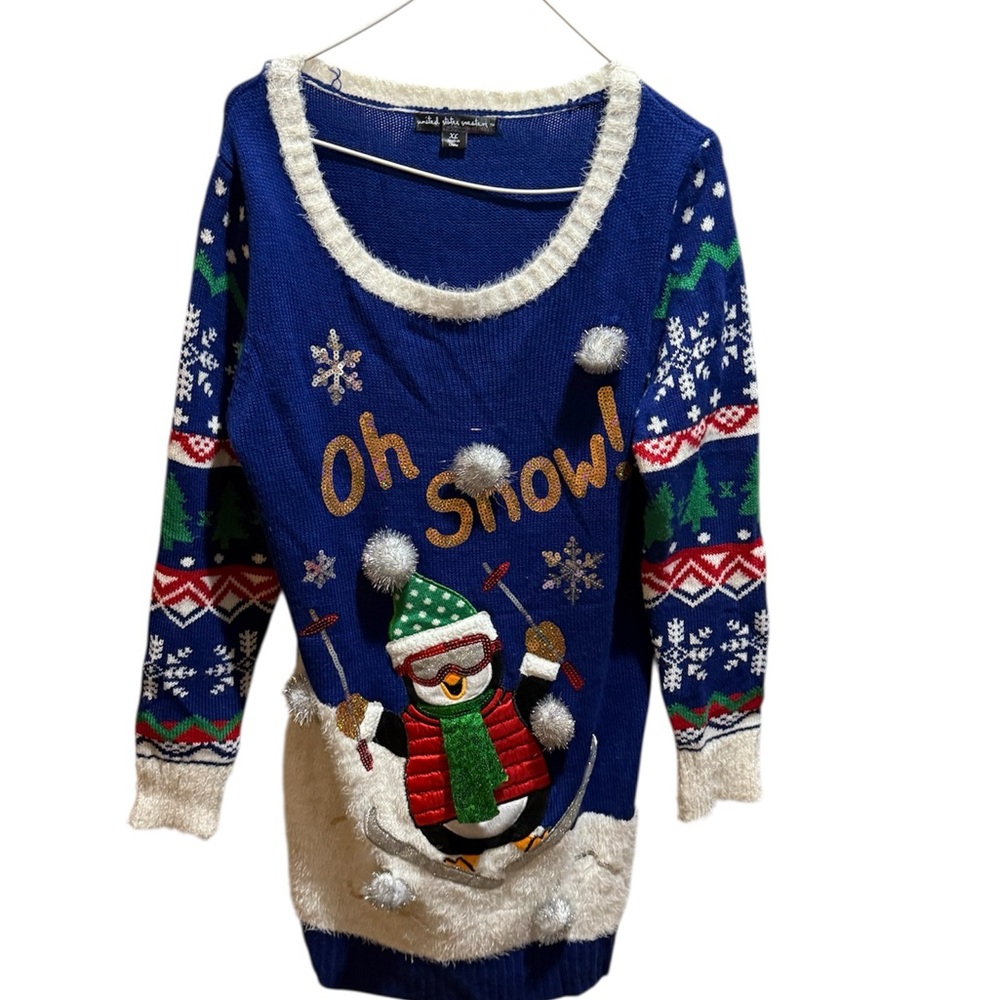 Vintage United States Sweaters Ugly Christmas Sweater Blue Penguin Size XL